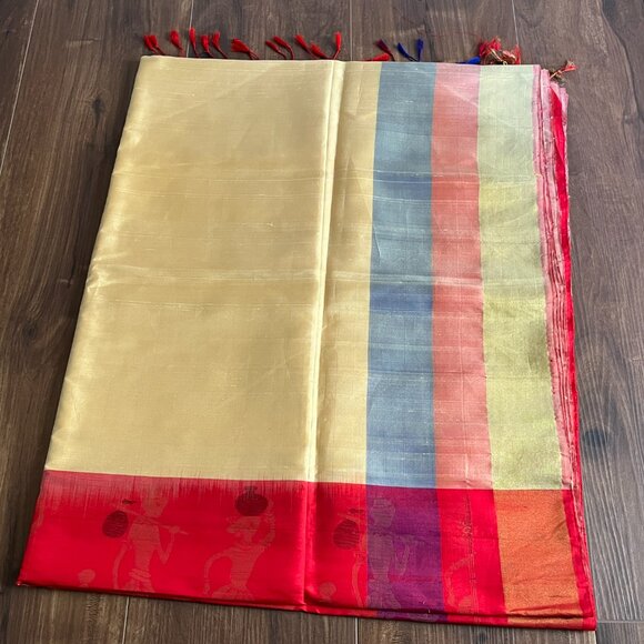 Butter yellow Red Cotton Silk Saree with Tribal Motif diwali pastel haldi - Picture 5 of 17